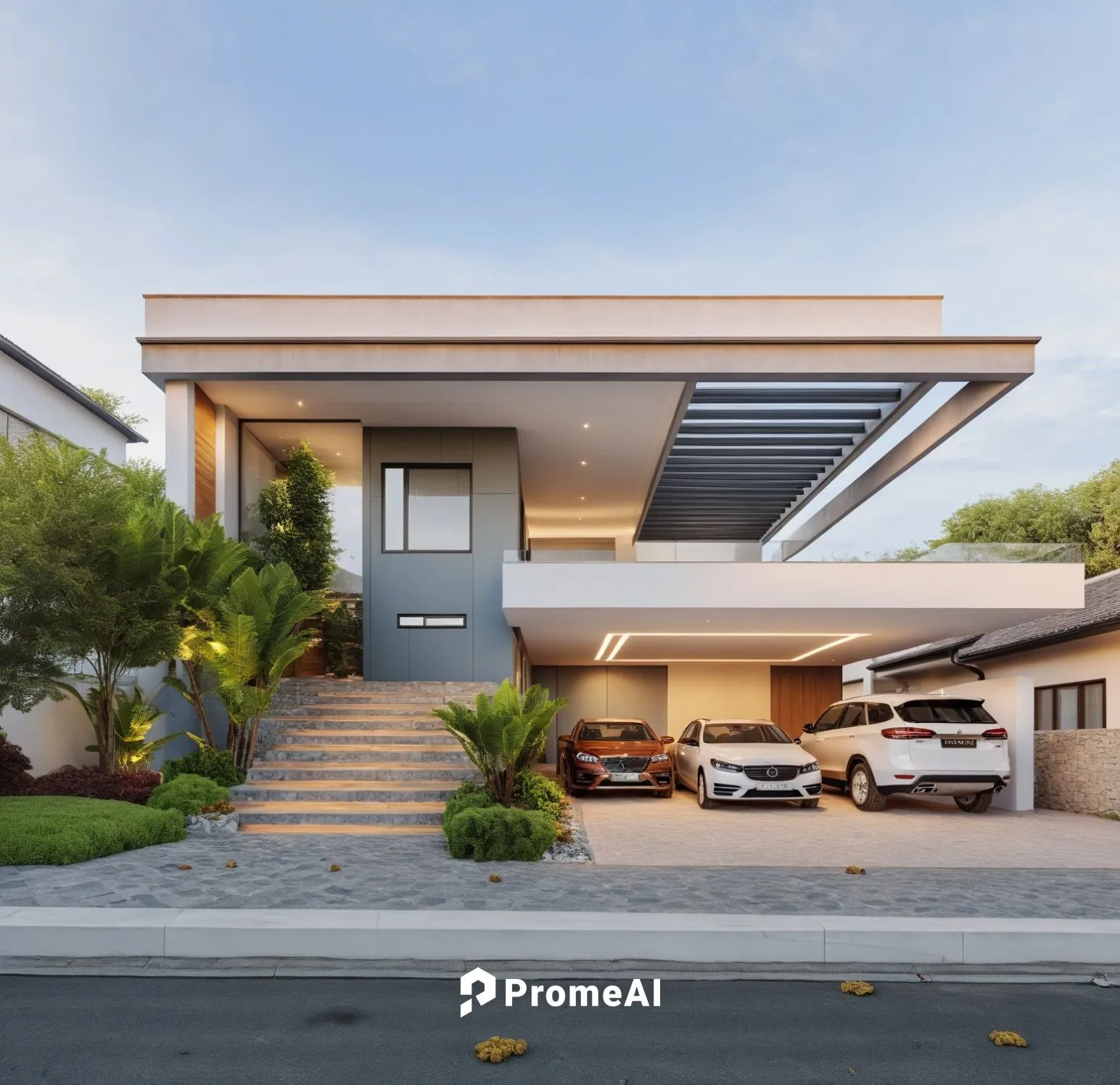 Architecture Design,a modern looking house with a car parked at the bottom of it,modern house,mid century house,modern architecture,eichler,driveways,fresnaye,Photography,General,Realistic