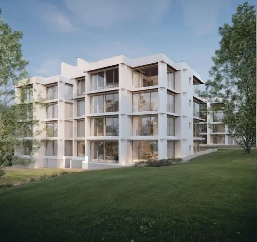 grass and trees
,a modern apartment complex is being constructed with two balconies and three story balconies,plattenbau,arkitekter,passivhaus,europan,appartment building,maisonettes