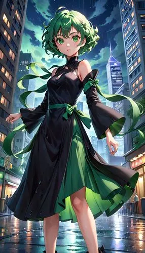 A female character named Tatsumaki standing in an urban setting at night. She features a sleek, form-fitting short black dress. The material appears slightly thin, like silk or satin. The outfit inclu