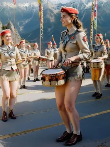 female-led performance of the drumming corps at Military Academy of Modena and Nunziatella,a group of women are in uniform playing drums,haka,majorettes,majorette,batala,policewomen,rangerettes,Photog