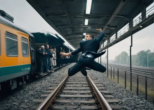 Create a thrilling scene where David O'Hara jumps from a moving train.,modern dance,locomotion,deutsche bahn,axel jump,train shocks,b-boying,high-speed train,conductor,tgv,athletic dance move,street d