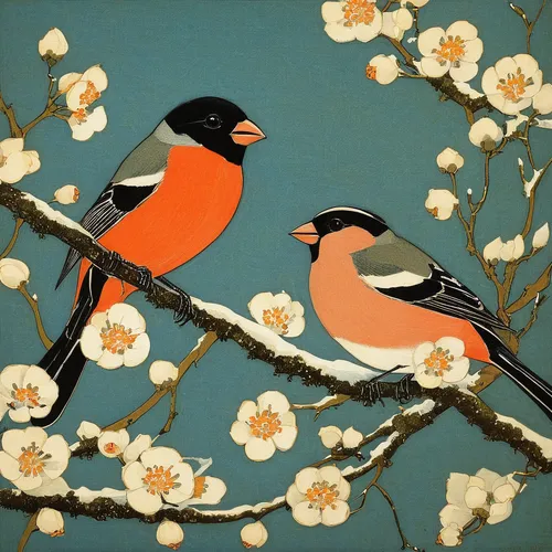 The bullfinches,flower and bird illustration,blue birds and blossom,songbirds,birds on a branch,birds on branch,bird painting,bird couple,spring bird,finches,swallows,garden birds,bull finch,goldfinch