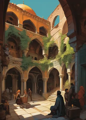 caravanserai,ancient city,souk,courtyard,monastery,ancient buildings,colosseum,coliseum,medieval market,italy colosseum,castle iron market,marketplace,hagia sofia,merchant,grand bazaar,souq,study,medieval architecture,caravansary,the market,Conceptual Art,Oil color,Oil Color 04