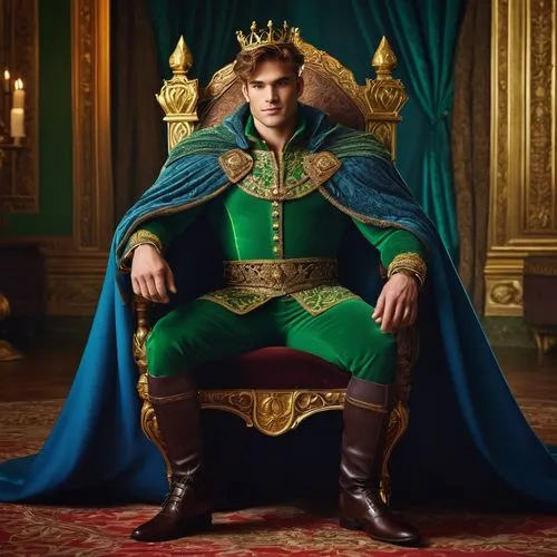 Handsome prince, Shrek-inspired, green skin, strong facial features, chiseled jawline, piercing blue eyes, messy brown hair, charming smile, muscular physique, broad chest, fitted waist, strong legs, 