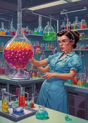 In a futuristic laboratory, a scientist accidentally creates a potion that makes jelly bean brains leak from people's ears.,chemist,chemical laboratory,laboratory,sci fiction illustration,laboratory i