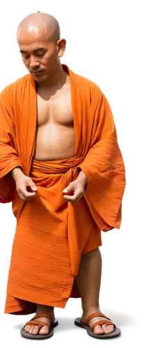 Buddhist monk, bald head, orange robe, worn sandals, peaceful facial expression, gentle eyes, hands in prayer position, solo, serene atmosphere, warm lighting, shallow depth of field, cinematic compos