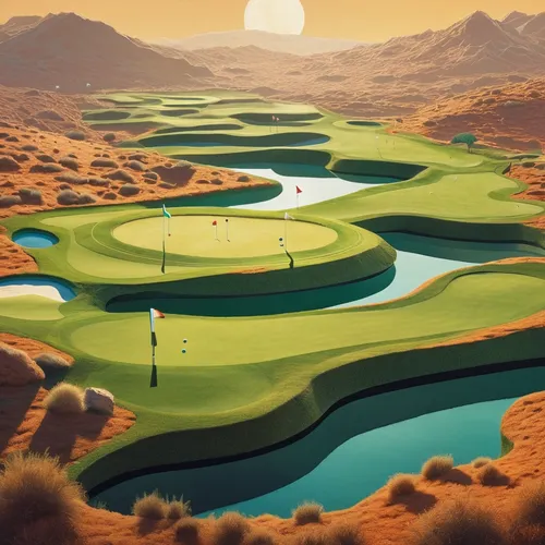 Depict a futuristic golf course with holographic obstacles.,golf landscape,devil's golf course,golf course background,the golf valley,indian canyons golf resort,sand trap,desert landscape,desert deser