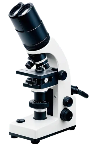 Microscope, laboratory equipment, metal body, circular eyepiece, adjustable focus knob, coarse adjustment handle, fine adjustment handle, stage clip, slide holder, objective lenses, condenser lens, Ab