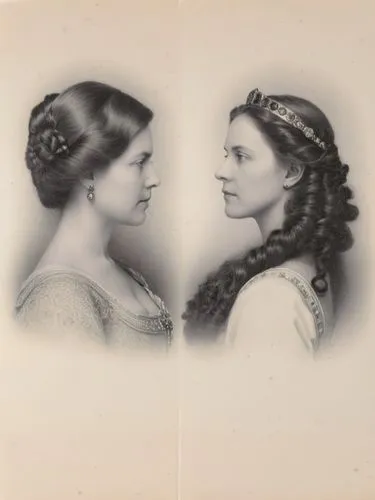 King and Queen of Württemberg as high-resolution art portrait photography in black and white,the two women are facing each other in profile,duchesses,daguerreotypes,daguerreotype,stereoscope,countesse