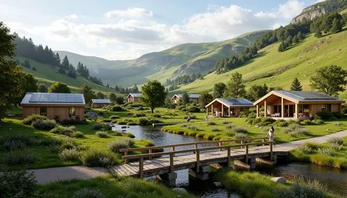 alpine village,mountain village,rendalen,salt meadow landscape,alpine pastures,oberland,3d rendering,mountain huts,idyllic,mountain valley,escher village,render,mountain settlement,artvin,kaprun,alpine meadows,ilse valley,vail,3d render,alpine meadow