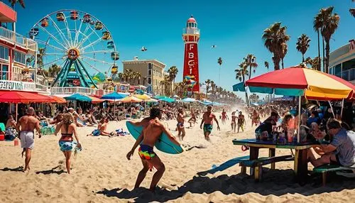 Southern California, sunny day, blue sky with few white clouds, palm trees swaying gently, warm sandy beach, crystal-clear turquoise water, surfers riding waves, Venice Beach boardwalk, colorful beach