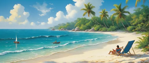 beach landscape,south pacific,caribbean beach,tropical sea,dream beach,paradise beach,tropical beach,coastal landscape,caribbean sea,the caribbean,beach scenery,beautiful beaches,caribbean,coconut trees,beautiful beach,an island far away landscape,sea landscape,people on beach,mountain beach,carribean,Illustration,Retro,Retro 02