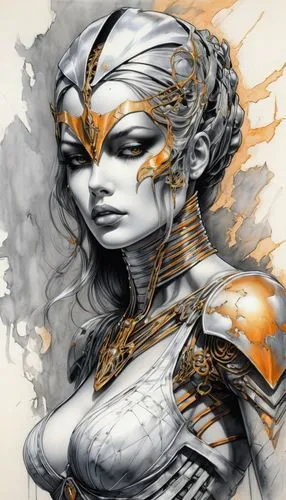 female warrior,gold paint stroke,foil and gold,warrior woman,gold paint strokes,gold foil art,golden mask,artemisia,athena,gold foil mermaid,biomechanical,symetra,gold mask,fantasy art,neottia nidus-avis,armor,painted lady,golden crown,arcanum,masquerade,Illustration,Black and White,Black and White 30