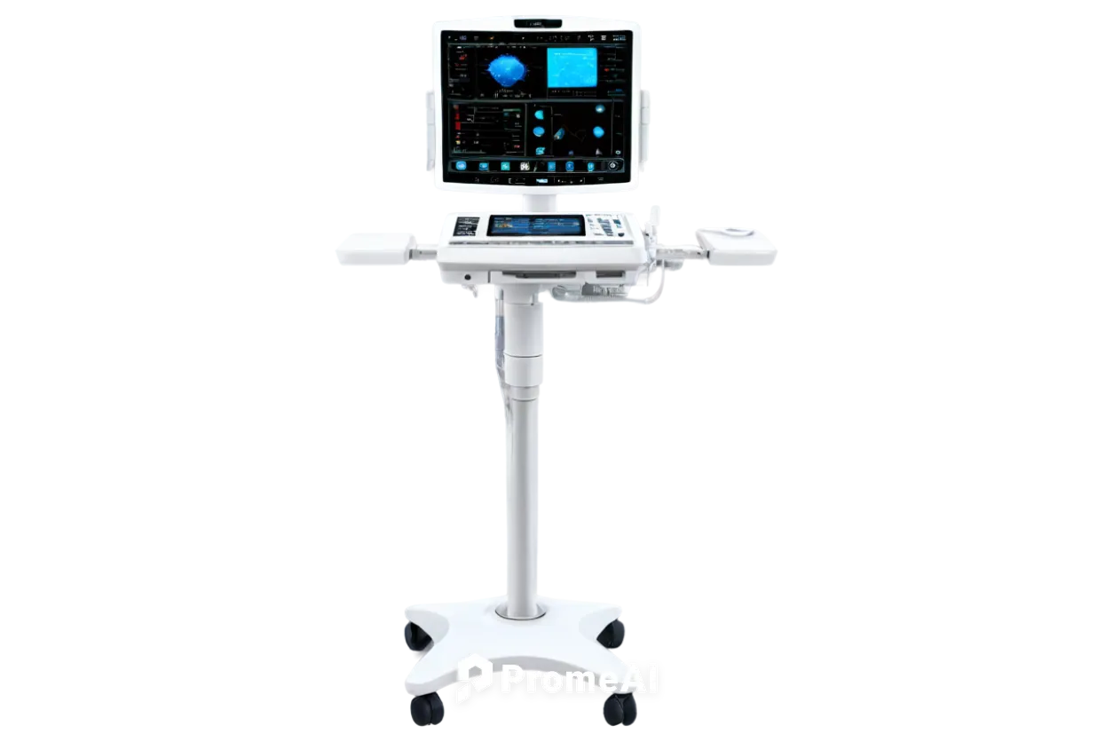 Medical ultrasound machine, futuristic design, silver and white body, curved screen, multiple probes, adjustable arm, buttons and knobs, LED lights, high-tech details, metallic reflections, shallow de