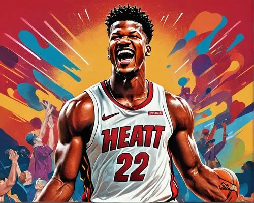 Animated Jimmy Butler, NBA star, smiling, dynamic pose, Miami Heat jersey, number 22, sweat droplets, intense gaze, short black hair, athletic build, muscular arms, basketball, hoop, court, crowd chee