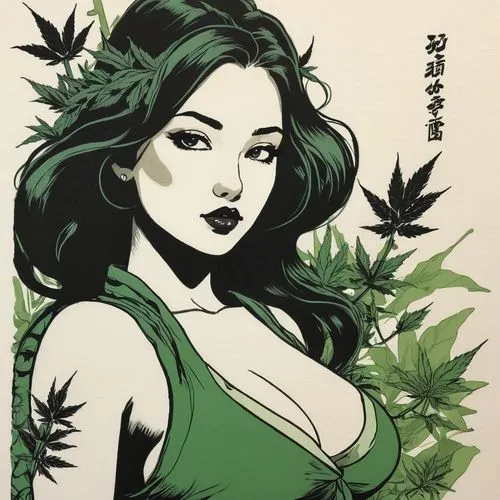 Calligraphy brush, drawing of busty girl, ink only, with mistakes, Close-up of a hemp plant with clusters of small, dark buds on green stems and leaves.,a woman with green leaves is in black and white