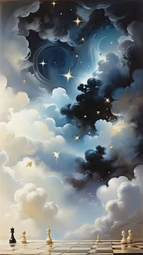 clouds, shooting stars, chess,  black vs white,Chess dream,fantasy picture,svidler,dreamscapes,chess player,chess game,surrealism,Illustration,Paper based,Paper Based 11