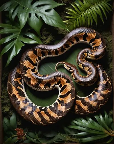 Boa constrictor, snake, sharp fangs, scaly skin, brown and tan patterns, coiled body, jungle environment, dense foliage, vines, exotic plants, misty atmosphere, warm lighting, shallow depth of field, 