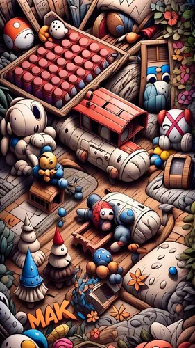 mud village,jigsaw puzzle,crash-land,clutter,scrapyard,maze,isometric,graffiti art,trash land,playmat,bouldering mat,max fold,marketplace,jigsaw,consumerism,mechanical puzzle,scrap yard,popeye village,market,scrap collector