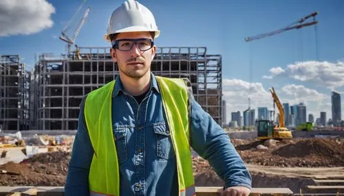 Male, Architectural Engineer, standing, confident posture, black framed glasses, short brown hair, casual smile, white hard hat, high-visibility vest, holding blueprints, cityscape, skyscraper, modern