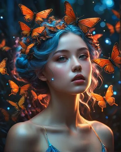 faerie,faery,blue butterflies,fairie,ulysses butterfly,butterfly background,butterflies,orange butterfly,butterfly isolated,mystical portrait of a girl,blue butterfly background,little girl fairy,fantasy portrait,aurora butterfly,isolated butterfly,flower fairy,julia butterfly,fantasy art,fairy,fantasy picture,Illustration,Realistic Fantasy,Realistic Fantasy 34