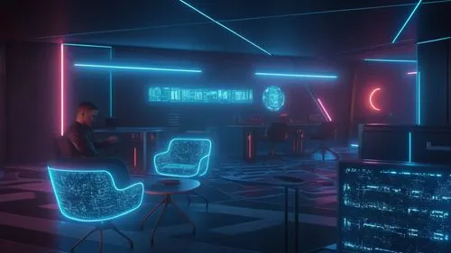 two computer chairs, one sitting in the middle and a table on the other,computer room,cybercafes,cyberscene,neon coffee,neon human resources,cyberia,Photography,General,Sci-Fi