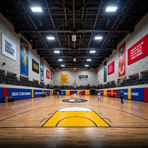 Vibrant gymnasium interior, bold athletic colors, energetic atmosphere, sleek wooden floors, sturdy metal beams, motivational quotes, inspirational murals, dynamic lighting, intense spotlights, dramat