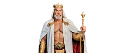 God, male, muscular, bare chest, flowing white beard, golden crown, ornate robes, holding scepter, standing, majestic, powerful, serious expression, detailed eyes, subtle smile, warm lighting, cinemat