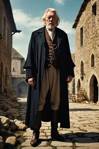 Donald Sutherland as Ronald Bartel in his middle ages, in fantasy setting, old stone 2-store building in the background,a man in historical clothes standing on stone path,maester,slughorn,filch,alatri