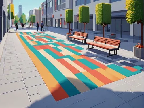 pedestrianized,paved square,walkability,pedestrian zone,street chalk,streetscape,urban design,bicycle lane,walkable,3d rendering,play street,sidewalk,bicycle path,indiecade,paving slabs,pavement,shopping street,pathfinding,pavements,benches,Unique,Pixel,Pixel 01