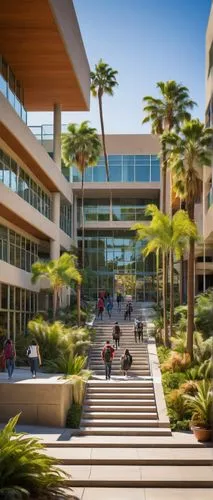 California, architecture college campus, sunny day, palm trees, modern buildings, glass windows, steel frames, minimalist design, lush greenery, outdoor seating area, students walking, backpacks, lapt