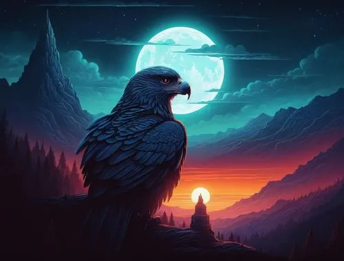 nocturnal bird,night bird,birds of prey-night,eagle illustration,raven bird,owl background,owl nature,nightbird,3d crow,nevermore,king of the ravens,bird illustration,nightwatchman,black raven,corvidae,nightstalker,night watch,nightwatch,blue parrot,nightfall,Illustration,Realistic Fantasy,Realistic Fantasy 25