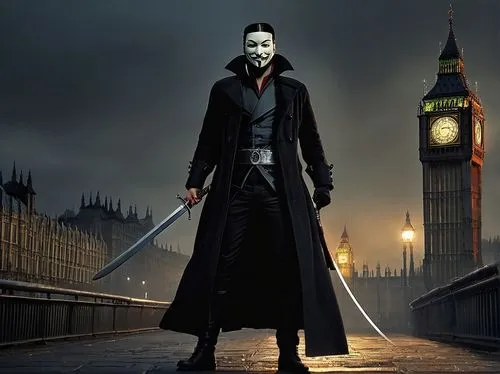 guy fawkes,macdevitt,londono,londo,devitt,westminster,vendetta,with the mask,wason,sting,masked man,neeson,westminster palace,osbourne,photoshop manipulation,myers,count dracula,samourai,villified,scaramouche,Illustration,Realistic Fantasy,Realistic Fantasy 28