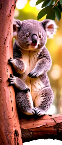 Cute Koala, solo, eucalyptus leaves, soft fur, round ears, big nose, sleepy eyes, sitting posture, leaning on tree trunk, relaxed, morning sunlight, warm color tone, shallow depth of field, 3/4 compos