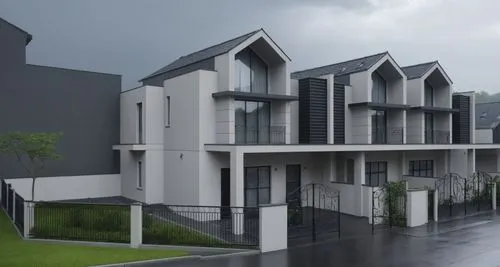 generate surrounding with neighbor  houses and landscape. road and pedestrian walkway in front. please use black or dark grey for roof tiles. more urban scenery at background. retain front gate design