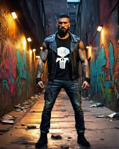 Muscular man, Punisher, intense facial expression, Tribal tattoo on arms, chest, back, bold black lines, vibrant colors, ripped biceps, strong jawline, short hair, beard, bandana, leather jacket, ripp