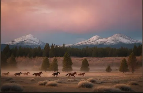 A large horse is directly infront of the image, running toward the viewer. 
 Central oregon high desert grasses.  Pondarosa pine trees.  Cinematic, 4K.  Snow is on the peaks of the mountains. Pinkish 