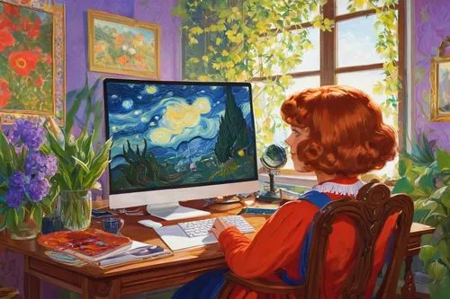 girl at the computer,girl studying,flower painting,computer screen,computer,the computer screen,the little girl's room,girl in flowers,computer art,television set,computer room,computer graphics,astronomer,girl in the garden,man with a computer,television,world digital painting,daphne flower,computer monitor,dream world,Art,Classical Oil Painting,Classical Oil Painting 27