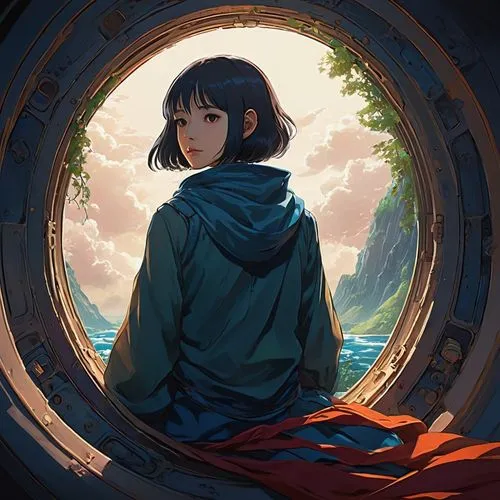 utada,ghibli,haku,eiko,emiko,sango,window to the world,studio ghibli,round window,porthole,kururi,shelter,hiki,miroku,wishing well,kunitachi,hikari,girl in a wreath,cloak,mulan