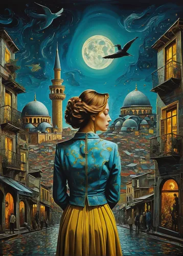 fantasy picture,hagia sofia,sci fiction illustration,istanbul,world digital painting,galata,mystery book cover,blue moon,fantasy art,grand bazaar,herfstanemoon,blue moon rose,girl in a historic way,pilgrim,moon phase,persian poet,constantinople,the globe,fantasy city,clockmaker,Conceptual Art,Daily,Daily 14