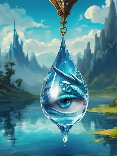 clear crystal drop water hanging from the eye of a dragon. dragon is closer to camera as if he is looking for the people filming him, the drop of water reflects the surrounding medieval ambient. it is