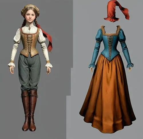 Paper doll one solo medieval noble women in white blouse ,grey tight legging with brown boot on the left standing with a headless faceless fashion mannequin clothing item set of elegant medieval noble