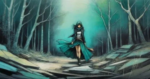 a painting of a person in the middle of a snowy forest,yunan,hatsune,unseelie,alfheim,seelie,longhena,Illustration,Realistic Fantasy,Realistic Fantasy 23