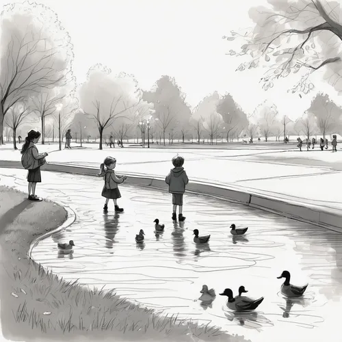 waterfowl,geese,ducklings,walk with the children,children drawing,ducks,water fowl,tuileries garden,ducks  geese and swans,mallards,kensington gardens,waterfowls,duck meet,canada geese,digiscrap,wild geese,little girls walking,wild ducks,walk in a park,water birds,Illustration,Black and White,Black and White 08