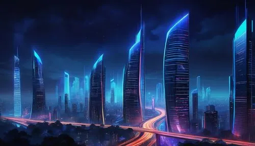 Neo-futurist skyscraper, sleek metallic exterior, curved lines, neon lights, vibrant LED displays, towering heights, urban cityscape, night scene, dark blue atmosphere, misty fog, holographic advertis