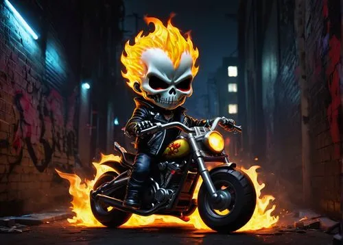 Ghost Rider Chibi, cute devil, hellish red skin, small horns, glowing yellow eyes, tiny wings, black leather jacket, ripped jeans, chains, hellfire, smoke effects, city street, night scene, dark alley