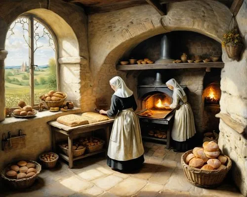 many figures of medieval people, a painting and layout style with the perspective of Pieter Bruegel, A captivating painting of medieval nuns diligently baking bread in the oven of a monastery bakery. 