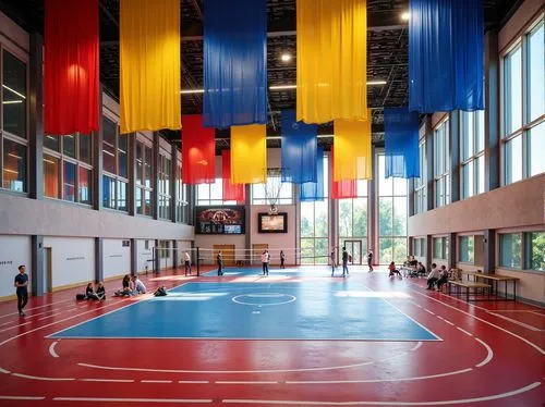 Vibrant sports hall, dynamic textile installations, bold color schemes, acoustic panels, sound-absorbing materials, ergonomic seating, athletic track surfaces, basketball court markings, volleyball ne