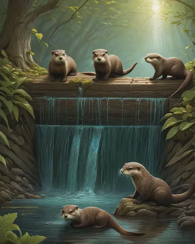 otters,north american river otter,otter baby,otter,giant otter,sea lions,otterbaby,beavers,seals,mustelidae,coatimundi,pygmy sloth,american mink,true salamanders and newts,mammals,sea otter,marine mammals,lake tanuki,brown bears,nutria,Illustration,Realistic Fantasy,Realistic Fantasy 44