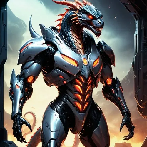 A futuristic bionic character resembling a humanoid dragon, standing on two feet. The character has a sleek, metallic body with dragon-like features, including scaled armor plating, claws, and a tail.